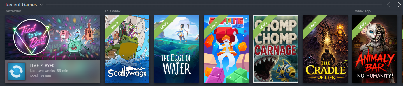 Steam recent games panel showing a week of demo reviews.