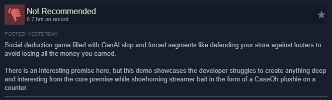 A negative Steam review describing AI-generated content and shoehorned mechanics in a demo.
