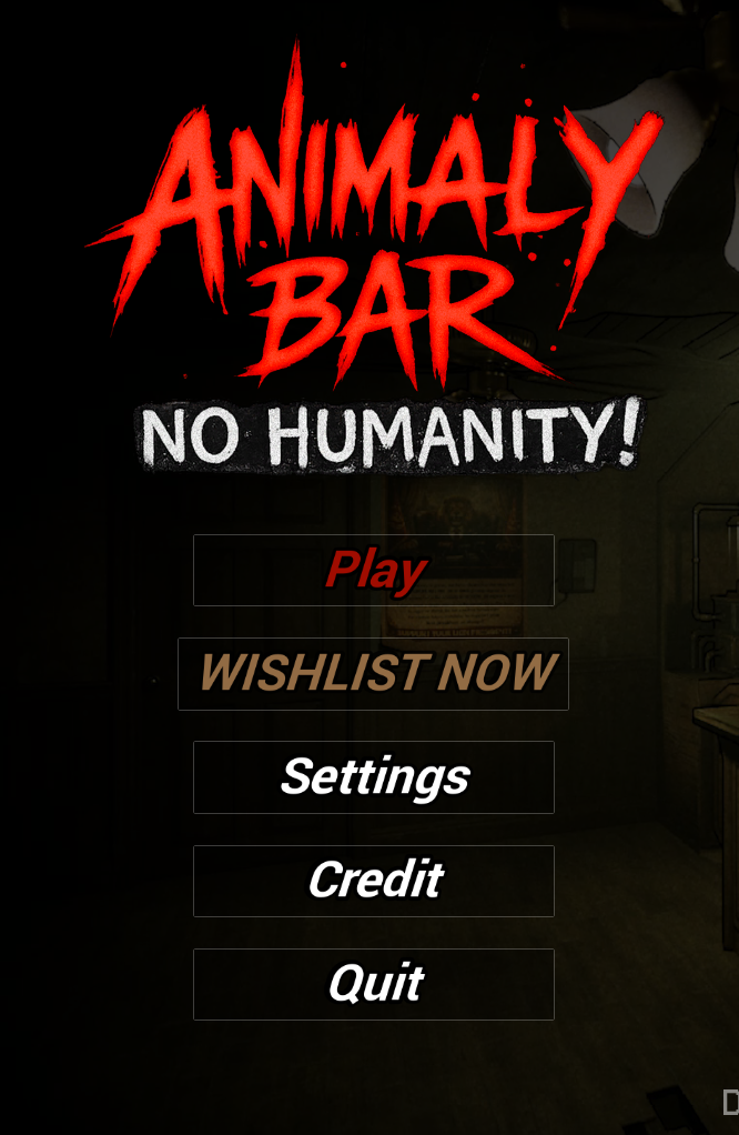 Animaly Bar No Humanity main menu with a single prominent WISHLIST NOW button alongside Play.