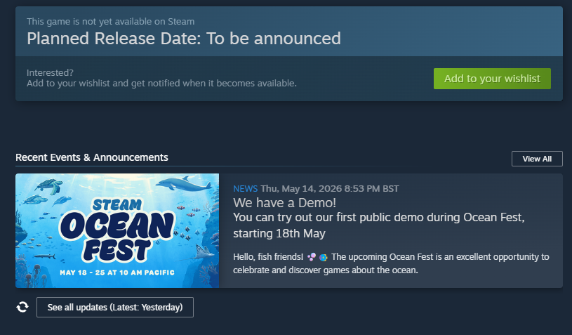 Steam page showing a recent events and announcements section with a demo update post.