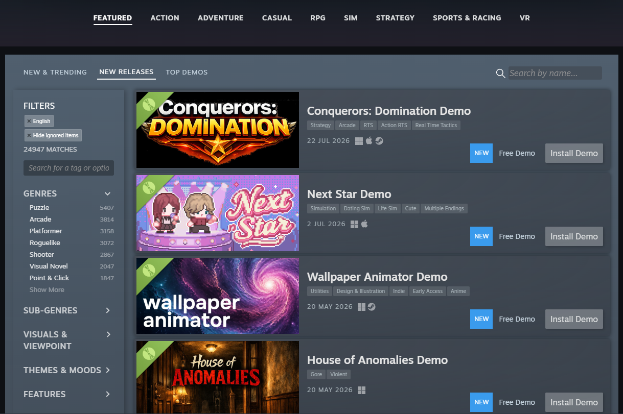Steam new releases page with demo capsules and tag rows.